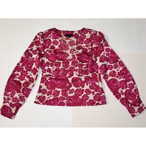 J. Crew Satin Floral Pink White Long Sleeve V Neckline Button Blouse Top Size 2